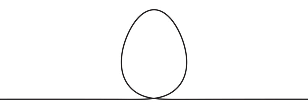 Single continuous black line forms an egg-shaped loop on a horizontal line, a minimalist abstract graphic illustration representing a tadpole Feynman diagram from quantum physics