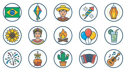 Fototapeta premium Colorful line icon set for a traditional June festival celebration with a bonfire, accordion, paper lanterns, fireworks, and typical characters in a simple graphic illustration style