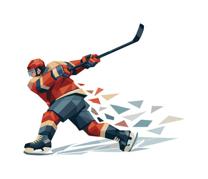 Low-poly vector illustration of a hockey player completing the slapshot follow-through, balanced angular stance with stick