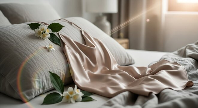 Soft peach silk slip dd over a textured grey pillow with delicate white jasmine flowers and green leaves on a beautifully made bed.