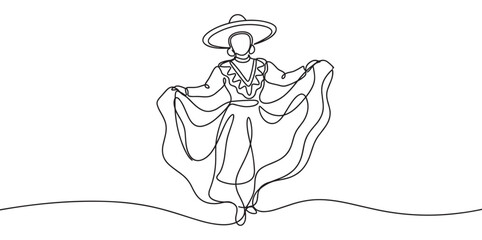 Obraz premium Continuous one line drawing of a woman in a traditional folk costume and wide-brimmed hat performing a graceful dance, holding her flowing skirt in a minimalist artistic style