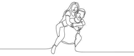 Fototapeta premium Continuous one line drawing of a happy man giving his smiling girlfriend a piggyback ride, illustrating a romantic and playful relationship in a minimalist black and white art style