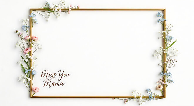 A gold picture frame with flowers and the words Miss You Mama on a white background