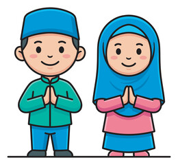 Fototapeta premium Two adorable Muslim children, a boy and girl, wearing traditional clothing with a peci and hijab, stand together smiling with a welcoming greeting gesture in a cute cartoon style