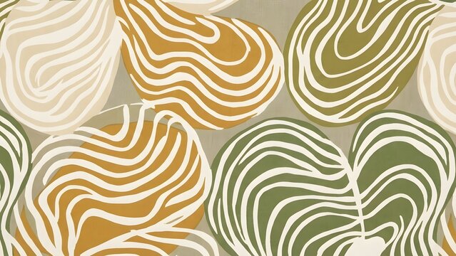 Abstract organic shapes with wavy lines in cream mustard yellow and olive green repeat on a neutral background