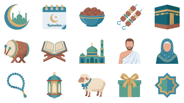 Collection of colorful flat Islamic icons representing religious holidays and traditions, including a mosque, Kaaba, Quran, lantern, dates, and prayer beads for celebration