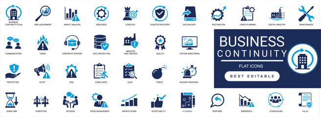 Obraz premium business continuity icon set. disaster recovery, risk management, resilience, backup, crisis, strategy, planning. solid vector editable icons collection illustration .
