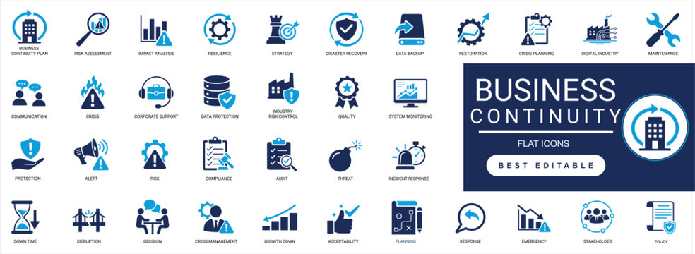 business continuity icon set. disaster recovery, risk management, resilience, backup, crisis, strategy, planning. solid vector editable icons collection illustration .