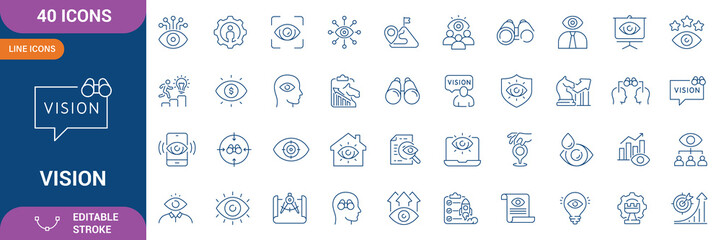 Vision Icon Set. vision, binocular, perspective, look, eye, focus, insight, observation, clarity, viewpoint, foresight, strategy and etc. Editable stroke. Vector illustration © Ariful