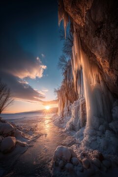 Winter season adventure exploration. A breathtaking winter scene at sunset, with a frozen lake reflecting the golden hues of the setting sun. Icicles hang from a cliff, and snow covers the ground.