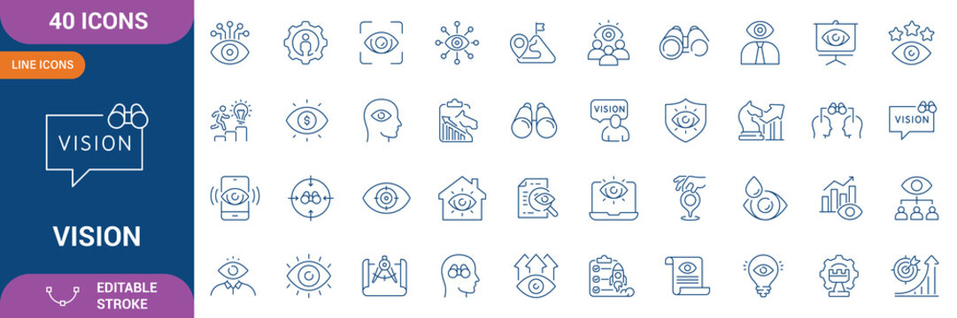 Vision Icon Set. vision, binocular, perspective, look, eye, focus, insight, observation, clarity, viewpoint, foresight, strategy and etc. Editable stroke. Vector illustration