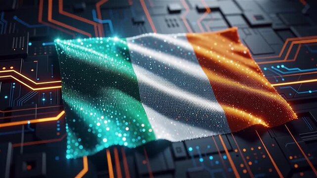 Irish flag waving over a digital circuit board with glowing lines and sparkling data points representing innovation technology cybersecurity and the growth of the digital economy in Ireland
