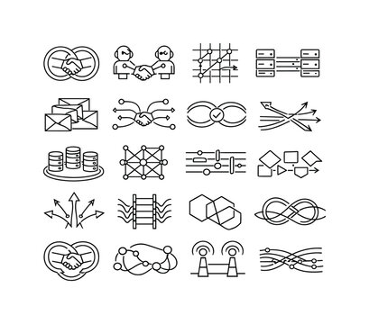 Line vector icons of server-to-server diplomacy with algorithmic envoys: protocol-handshake rings, envoy-algorithm nodes,