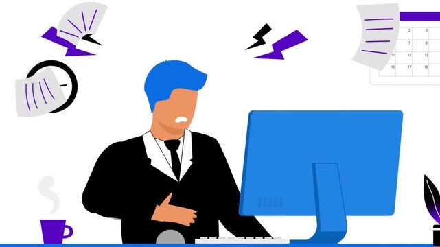 Stressed businessman working under pressure at computer animation, corporate workload and job anxiety concept, 2D cartoon