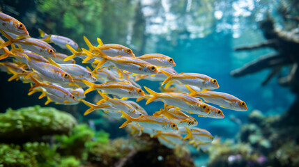 Schooling fish swimming underwater in clear blue ocean, dynamic curve, vibrant, peaceful scene