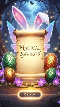 Fantasy RPG Mobile Game UI Design for Easter Event with Magical Savings Scroll and Eggs