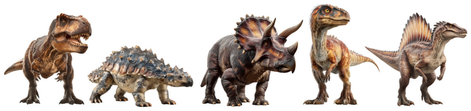 dinosaurios en fila, cada una representando una especie distinta con diferentes tama&ntilde;os, colores y rasgos anat&oacute;micos.