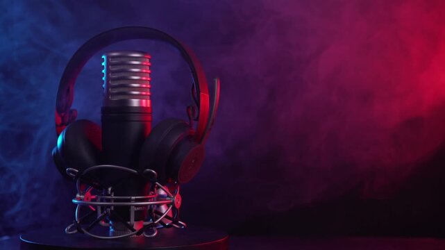 Professional Microphone and Headphones rotating in Neon Lit Smoke
