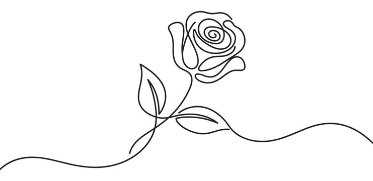 Continuous one line drawing of a rose flower with a stem and leaves, a minimalist black and white illustration symbolizing romance and nature in a clean, modern artistic design