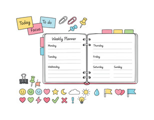 Minimalist Planner Layout. Open weekly planner spread, tabbed notebook pages, paper clips and sticky notes, small reminder icons