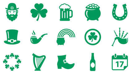 Naklejka premium Green St Patrick's Day holiday icon set featuring a leprechaun, shamrock, beer mug, rainbow, and pot of gold in a simple, minimalist vector illustration format