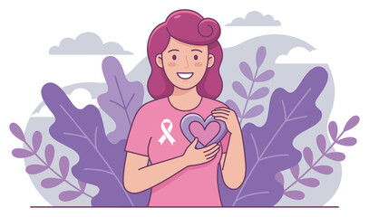 Smiling young woman with pink hair wearing a pink shirt with a white awareness ribbon holds a purple heart to her chest in a supportive and hopeful illustration