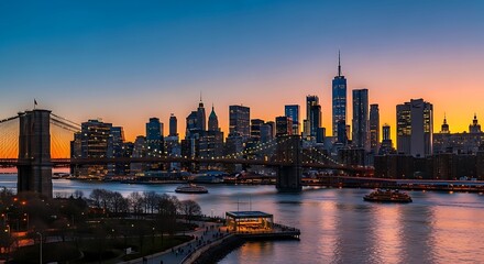 Obraz premium New York City skyline at dusk from Brooklyn Bridge Park.