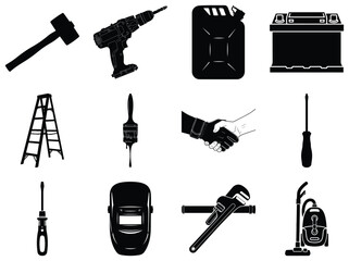Fototapeta premium Set of black and white repair and maintenance tools