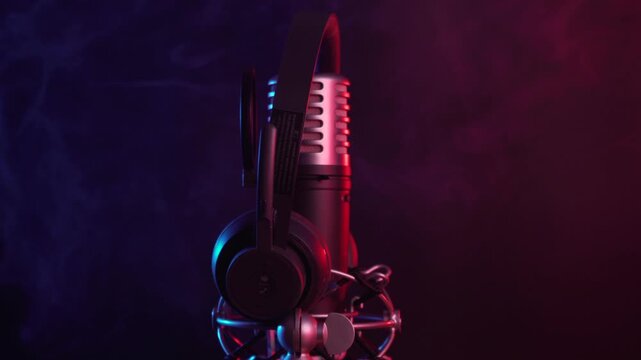 Studio Microphone and Headphones rotating in loop with Neon Lighting