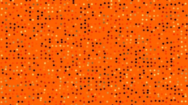 Dynamic close‑up view of scattered colorful dots forming an energetic orange pattern, captured from a playful perspective