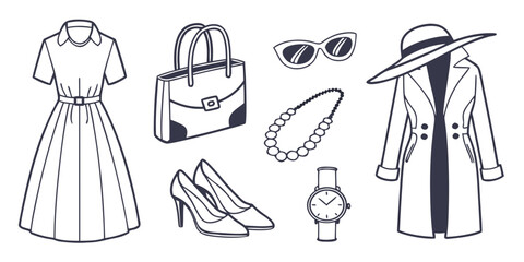 A collection of vintage fashion accessories and clothing items Vector