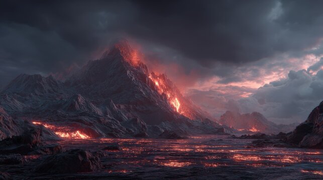A digital artwork of a volcanic landscape at twilight, featuring a mountain range engulfed in flames under a cloudy sky. The artwork is a highresolution digital painting, rendered in high detail.
