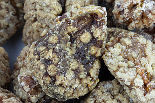 Sugar crusted dried figs close up