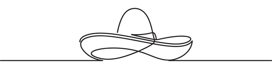 Stylish black line art sombrero hat is depicted in a continuous single stroke, creating a minimalist and elegant illustration with abstract lines
