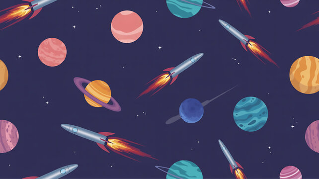 Seamless space pattern with rockets and planets cartoon style illustration for kids fabric and wallpaper cosmic adventure background