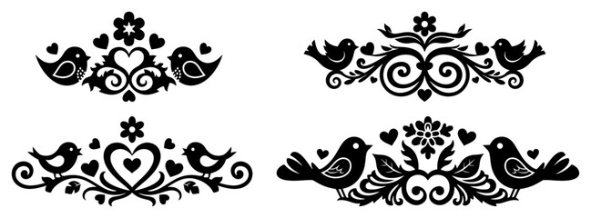 Set of four symmetrical bird and floral vignettes for traditional Slavic folk decoration