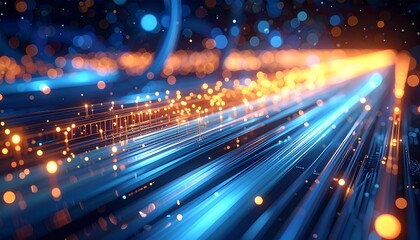 Obraz premium Abstract digital data stream with glowing blue lines and golden particles for high speed technology background