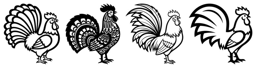 Collection of four different rooster bird illustrations in folk art and farm animal style © Katarzyna