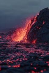 Fototapeta premium A dramatic scene of molten lava flowing into the ocean at night, illuminated by a vivid red hue. The lava is cascading down a rocky outcrop.