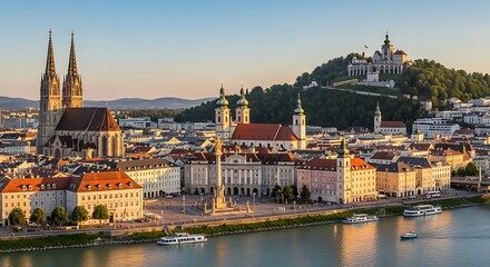 Obraz premium Cityscape with river, historic buildings, and a hilltop sanctuary at sunset.