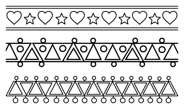 Set of three geometric borders with hearts stars and tribal triangle motifs