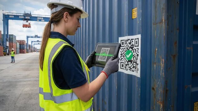 At bustling freight terminal, logistics expert efficiently tracks shipment using tablet with built-in scanner to read QR code on cargo container, streamlining transportation process for movement goods