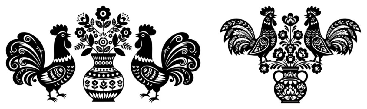 Symmetrical roosters with floral vases in traditional Polish Lowicz folk art style