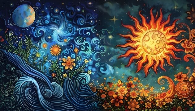 Captivating Equinox Symphony Highly Detailed Whimsical Art Celebrating Day and Night, Sun and Moon Balance