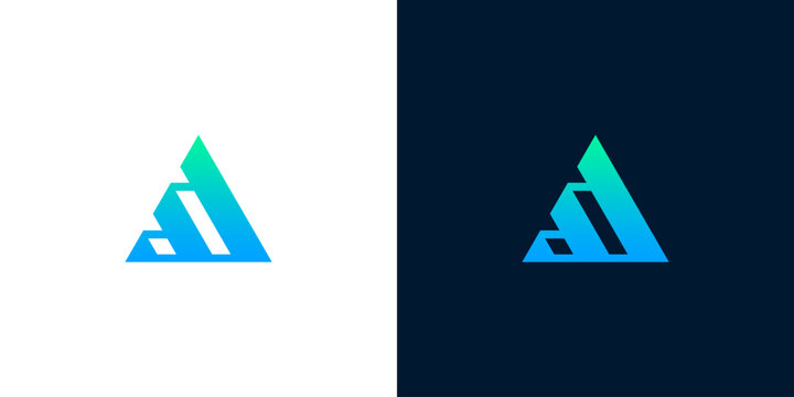Abstract triangle geometric logo design with gradient colors on white and dark blue backgrounds