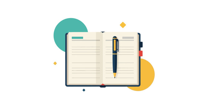 Vector illustration of an open notebook and pen, ideal for concepts of planning, learning, education, writing, or creative idea generation and organization