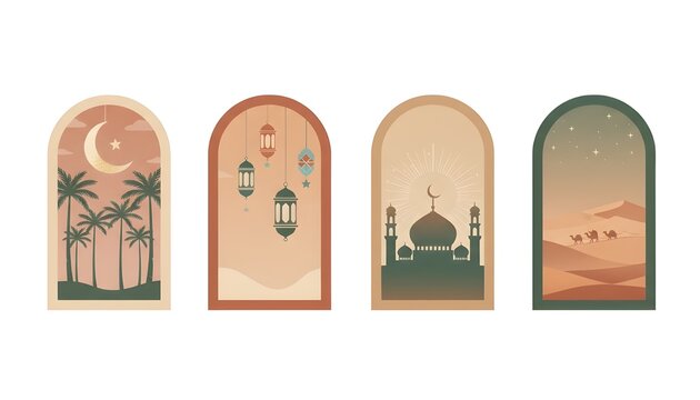 set of oriental style Islamic windows and arches with modern boho design, moon, mosque dome and lanterns
