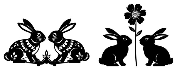 Symmetrical folk art rabbits and silhouettes with floral elements for Easter themes