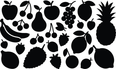 Black silhouettes of various fruits including apples bananas pears cherries grapes pineapple strawberries and more © Hey world
