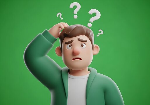 Confused young man scratching head with question marks around him